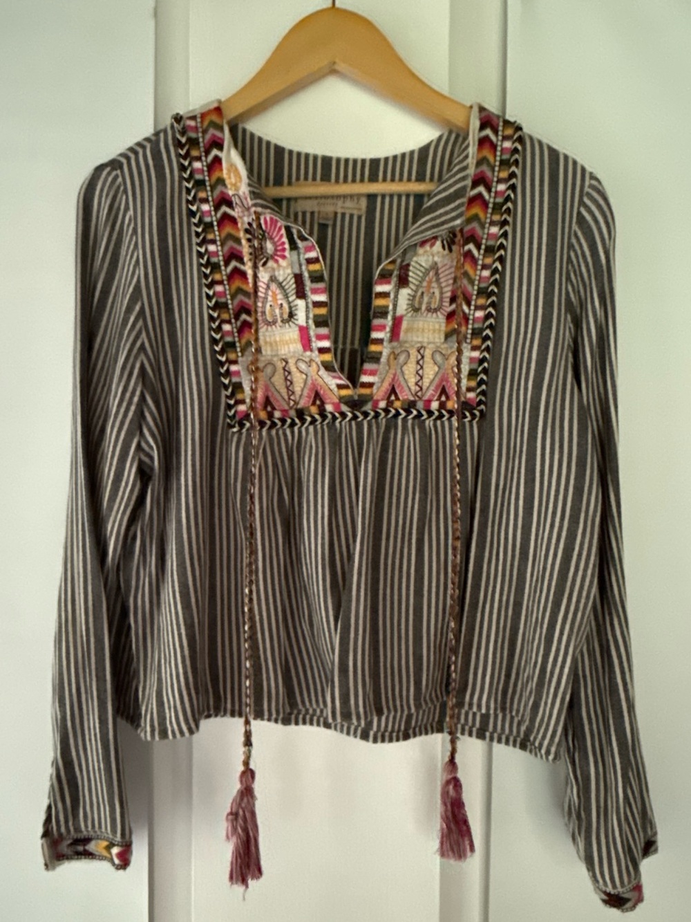 Philosophy Gray Striped Blouse with Multicolor Embroidered Yoke